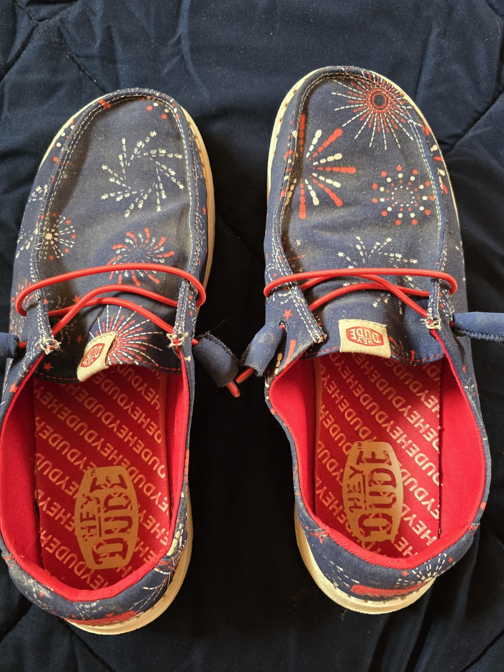 Hey Dude Navy Canvas Sneakers with Red Accents and Firework Print